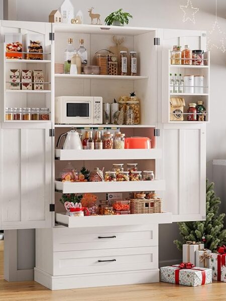 71 in. Farmhouse Kitchen Pantry Cabinet with Pull-Out Shelves and Drawers