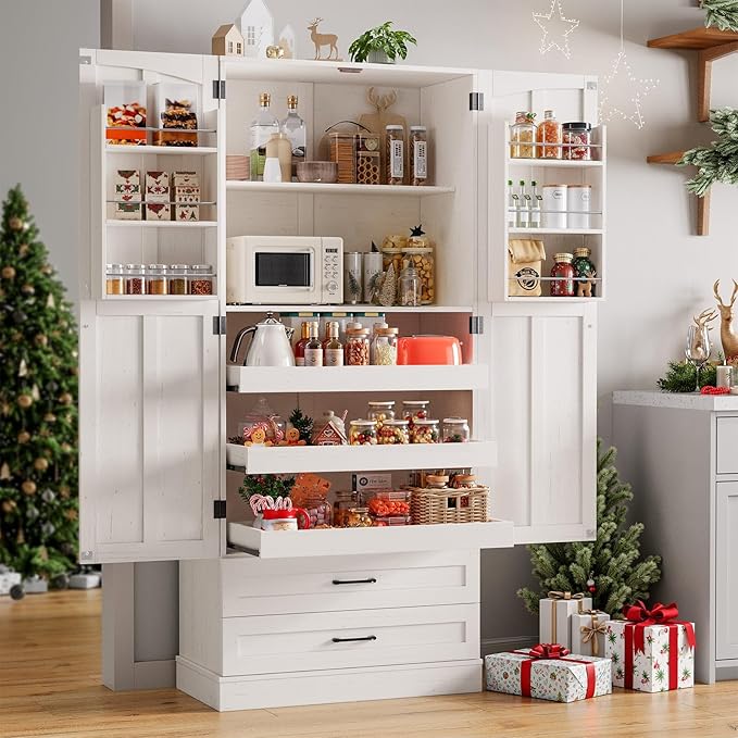 71 in. Farmhouse Kitchen Pantry Cabinet with Pull-Out Shelves and Drawers