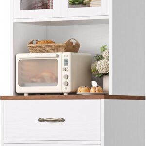 69 in. Metal Pantry Cabinet with Microwave Stand and 4 Glass Doors, White