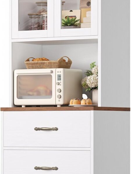69 in. Metal Pantry Cabinet with Microwave Stand and 4 Glass Doors, White