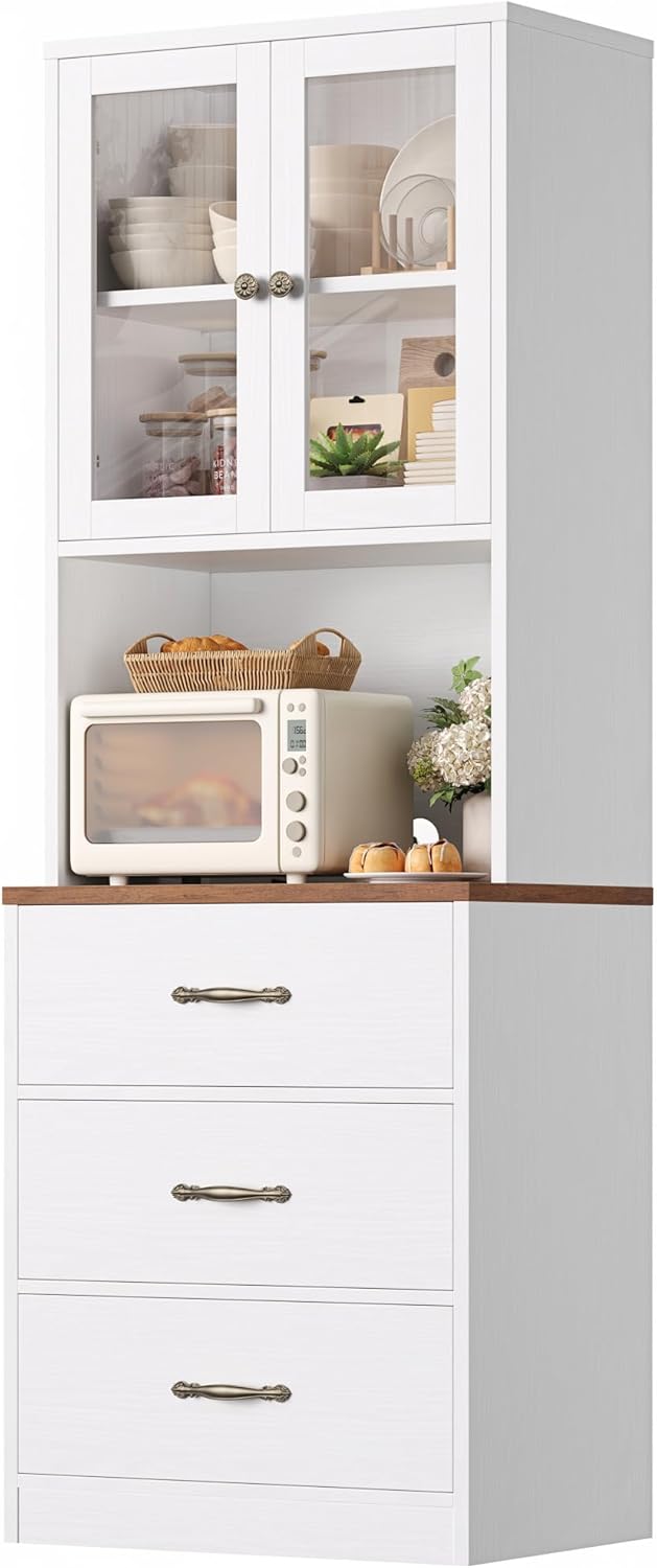 69 in. Metal Pantry Cabinet with Microwave Stand and 4 Glass Doors, White