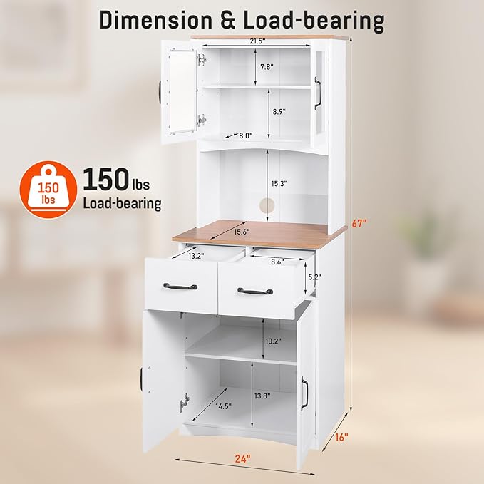 67 in. Kitchen Pantry Cabinet with Glass Doors and Drawers - Image 5