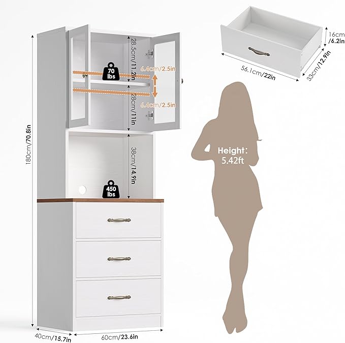71 in. Kitchen Pantry Storage Cabinet with Microwave Stand, White - Image 5