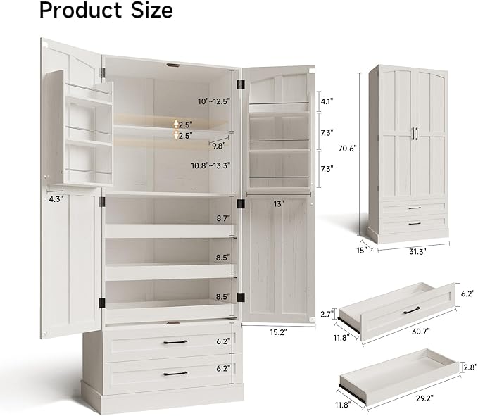 71 in. Farmhouse Kitchen Pantry Cabinet with Pull-Out Shelves and Drawers - Image 6