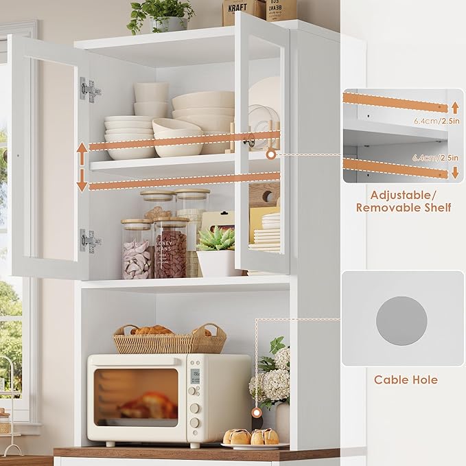 71 in. Kitchen Pantry Storage Cabinet with Microwave Stand, White - Image 3