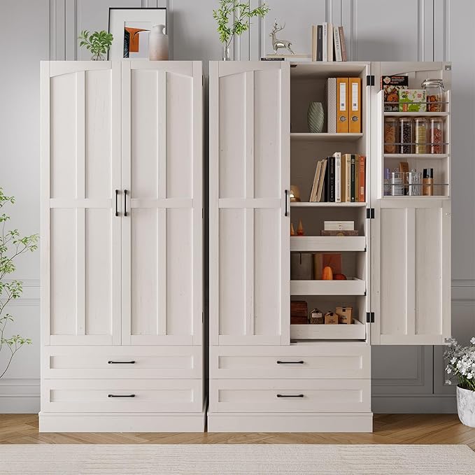 71 in. Farmhouse Kitchen Pantry Cabinet with Pull-Out Shelves and Drawers - Image 5