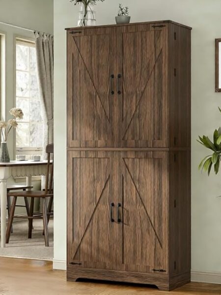 75 in. Farmhouse Kitchen Pantry Cabinet with 4 Barn Style Doors