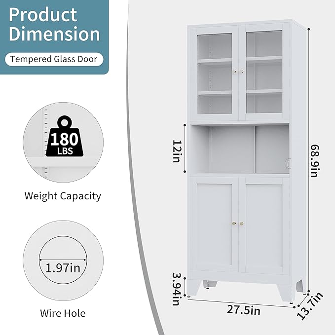 69 in. Metal Pantry Cabinet with Microwave Stand and 4 Glass Doors, White - Image 4