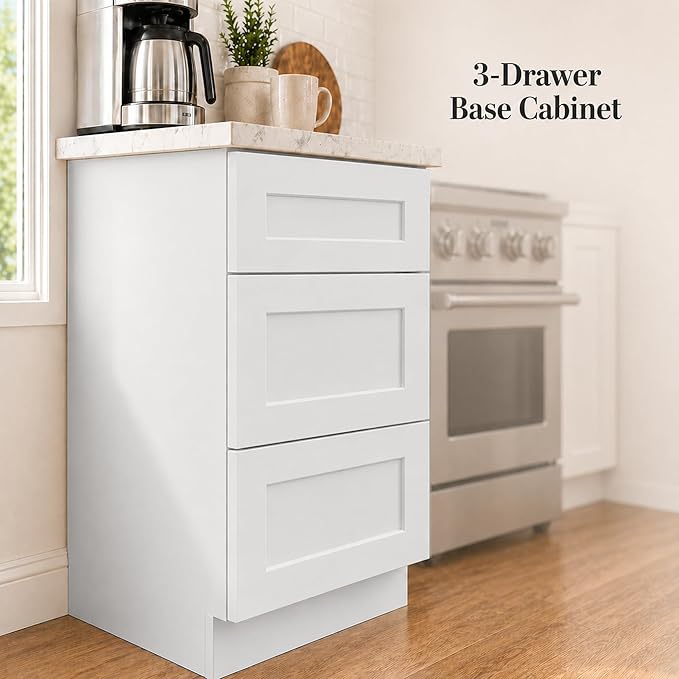 18 in. White Shaker RTA Three-Drawer Kitchen Base Cabinet - Image 4
