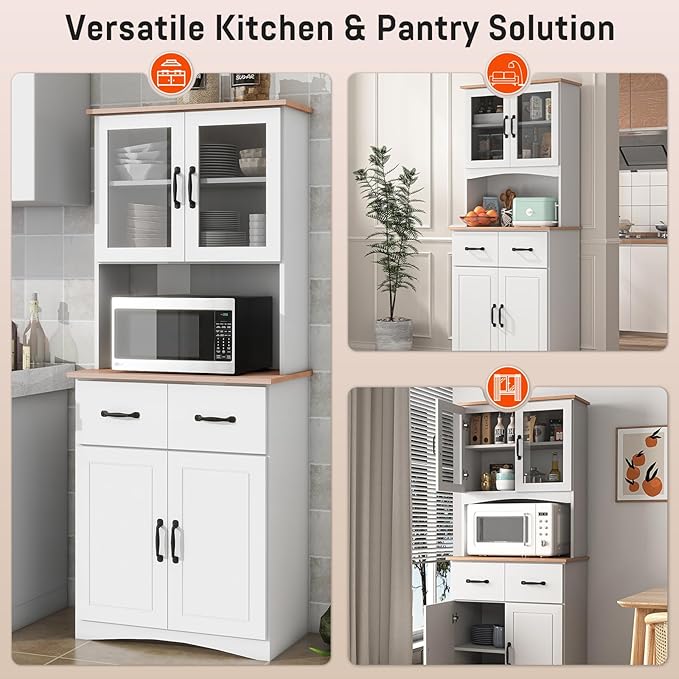 67 in. Kitchen Pantry Cabinet with Glass Doors and Drawers - Image 2