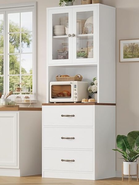 71 in. Kitchen Pantry Storage Cabinet with Microwave Stand, White