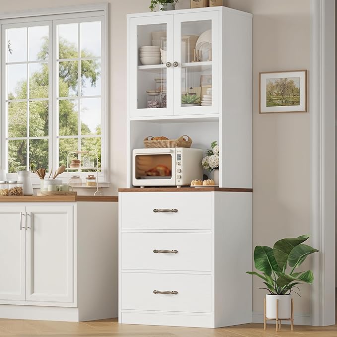 71 in. Kitchen Pantry Storage Cabinet with Microwave Stand, White