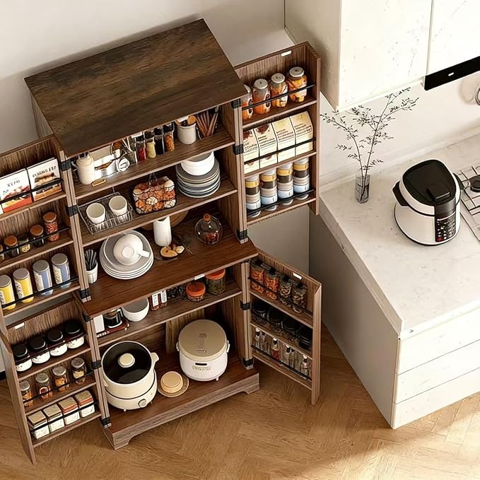 75 in. Farmhouse Kitchen Pantry Cabinet with 4 Barn Style Doors - Image 2