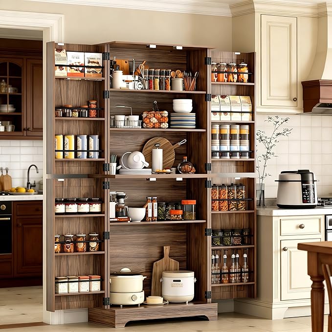75 in. Farmhouse Kitchen Pantry Cabinet with 4 Barn Style Doors - Image 4