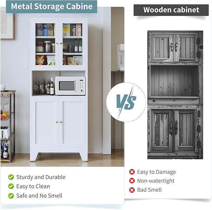 69 in. Metal Pantry Cabinet with Microwave Stand and 4 Glass Doors, White - Image 2