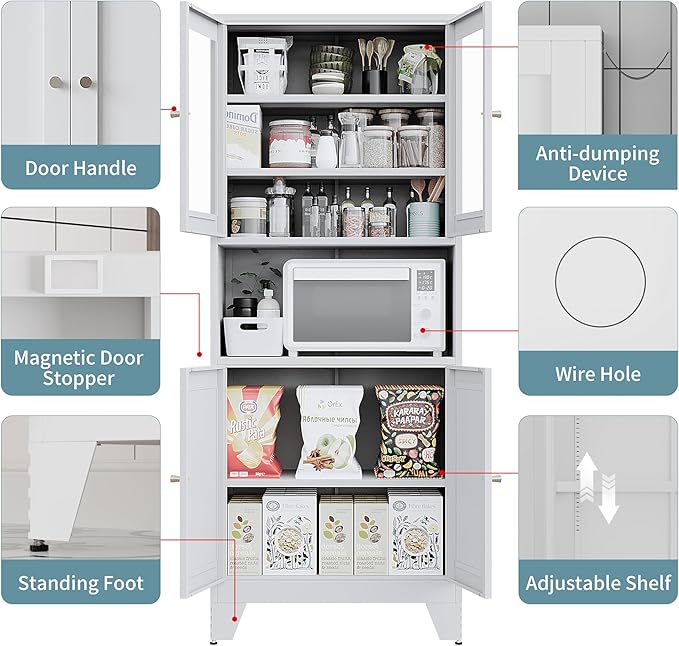 69 in. Metal Pantry Cabinet with Microwave Stand and 4 Glass Doors, White - Image 3