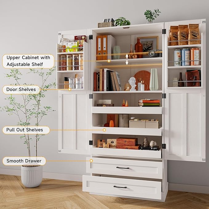 71 in. Farmhouse Kitchen Pantry Cabinet with Pull-Out Shelves and Drawers - Image 3