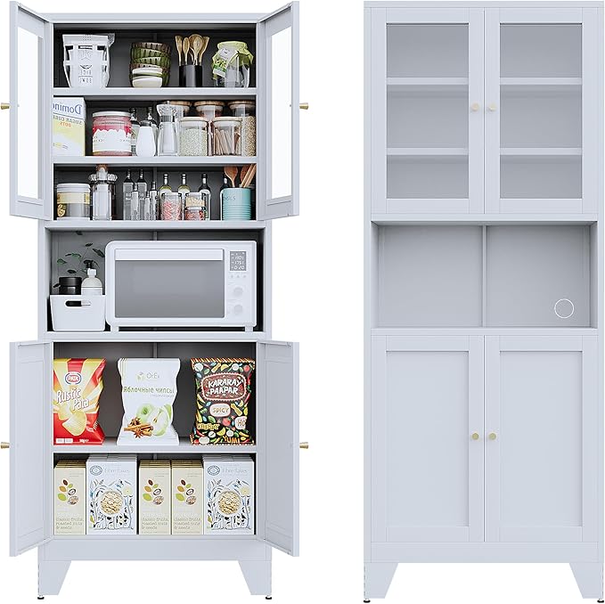 69 in. Metal Pantry Cabinet with Microwave Stand and 4 Glass Doors, White - Image 6