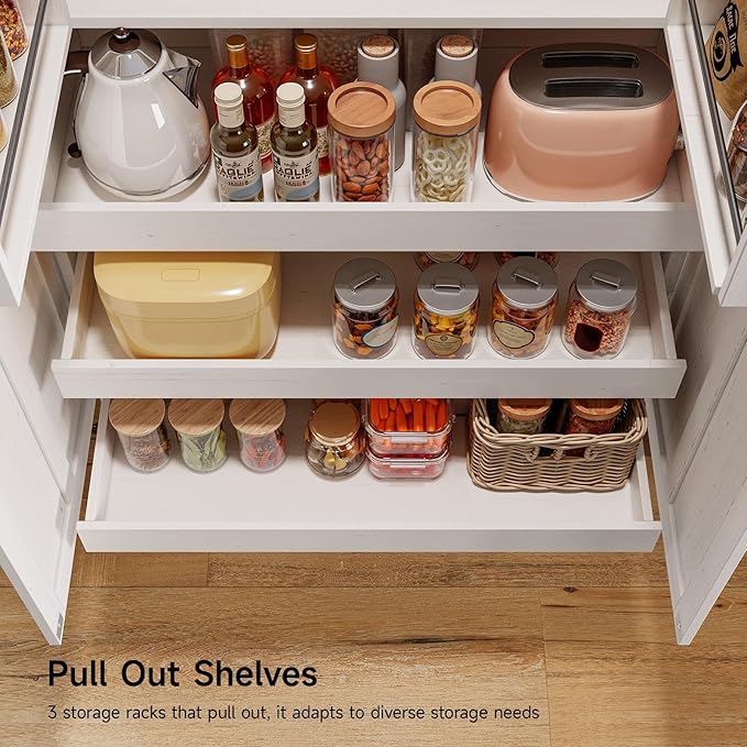 71 in. Farmhouse Kitchen Pantry Cabinet with Pull-Out Shelves and Drawers - Image 4