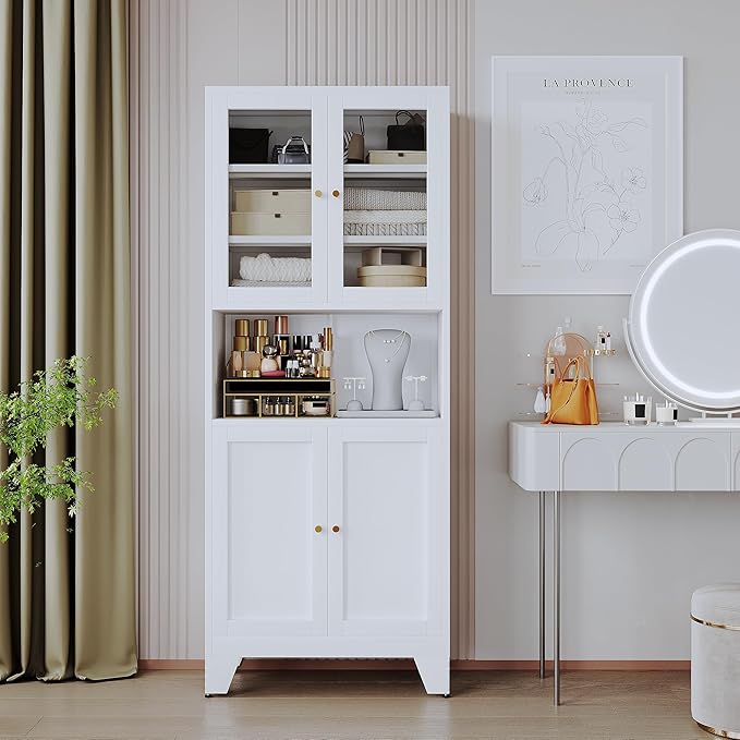 69 in. Metal Pantry Cabinet with Microwave Stand and 4 Glass Doors, White - Image 5