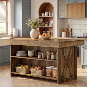 55-Inch Kitchen Island with Storage Shelves Farmhouse Counter Height Bar Table