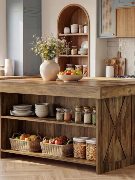 55-Inch Kitchen Island with Storage Shelves Farmhouse Counter Height Bar Table