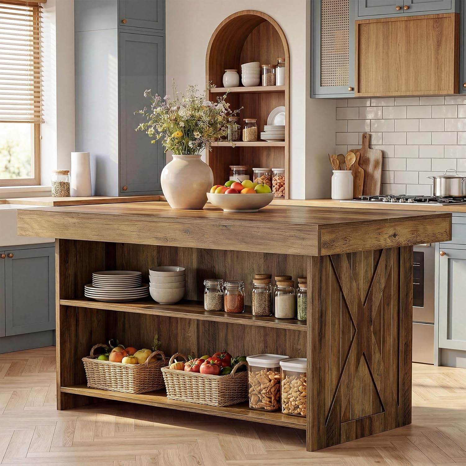 55-Inch Kitchen Island with Storage Shelves Farmhouse Counter Height Bar Table