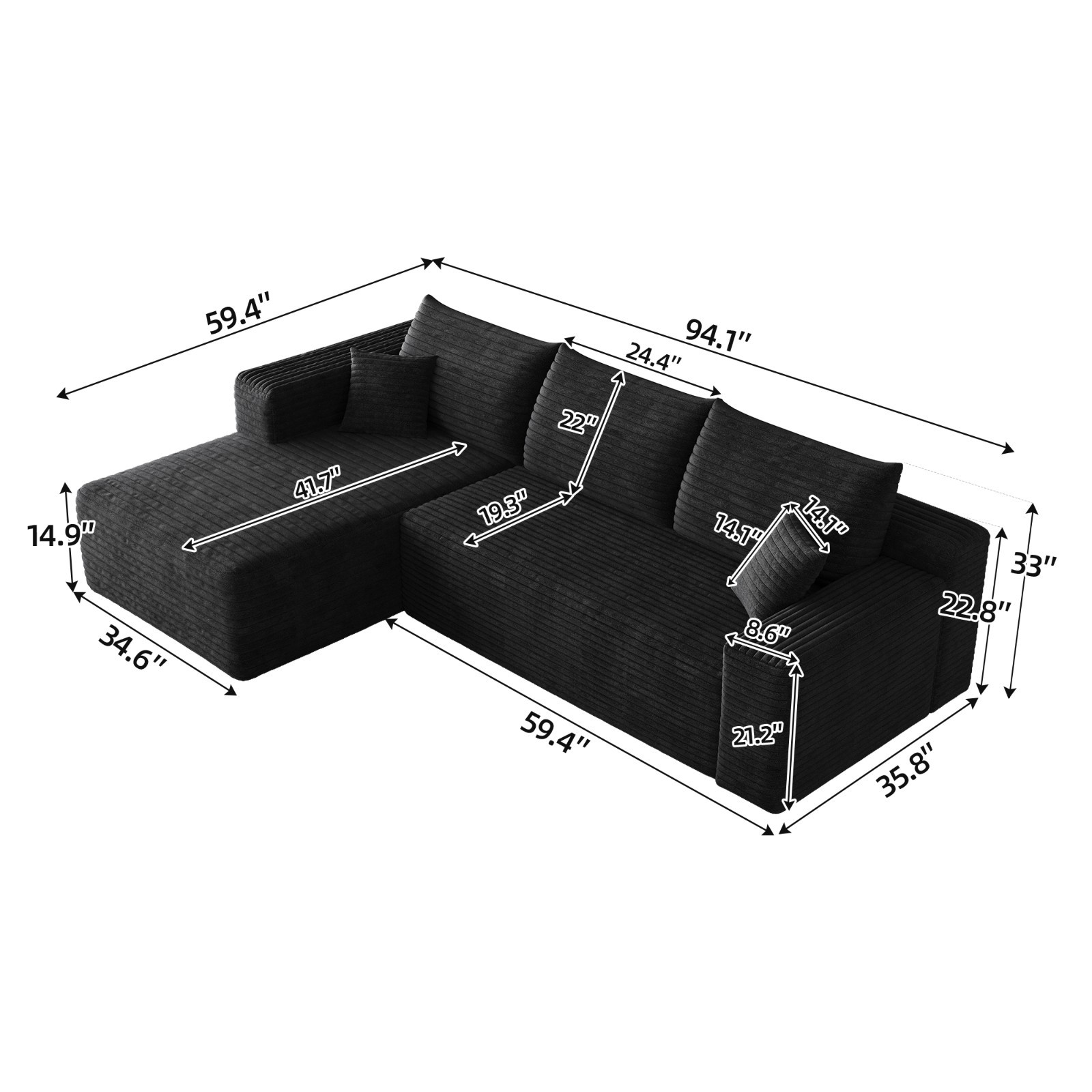 95" L Shape Couch Comfy Sectional Boneless Sofa with Left Chaise for Living Room - Image 2