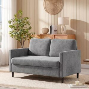 2-Seater Loveseat Sofa Compact Faux Linen Couch Wide Back Easy Assembly Home - Light Gray