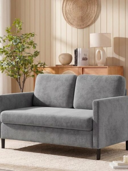 2-Seater Loveseat Sofa Compact Faux Linen Couch Wide Back Easy Assembly Home - Light Gray