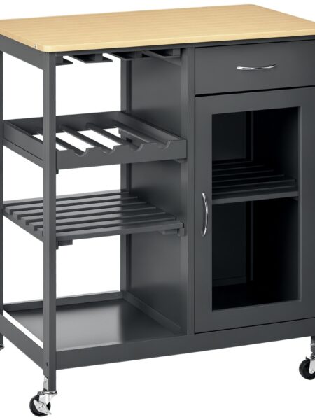 Utility Kitchen Cart Rolling Kitchen Island Storage Trolley w/ Wine Rack - Grey