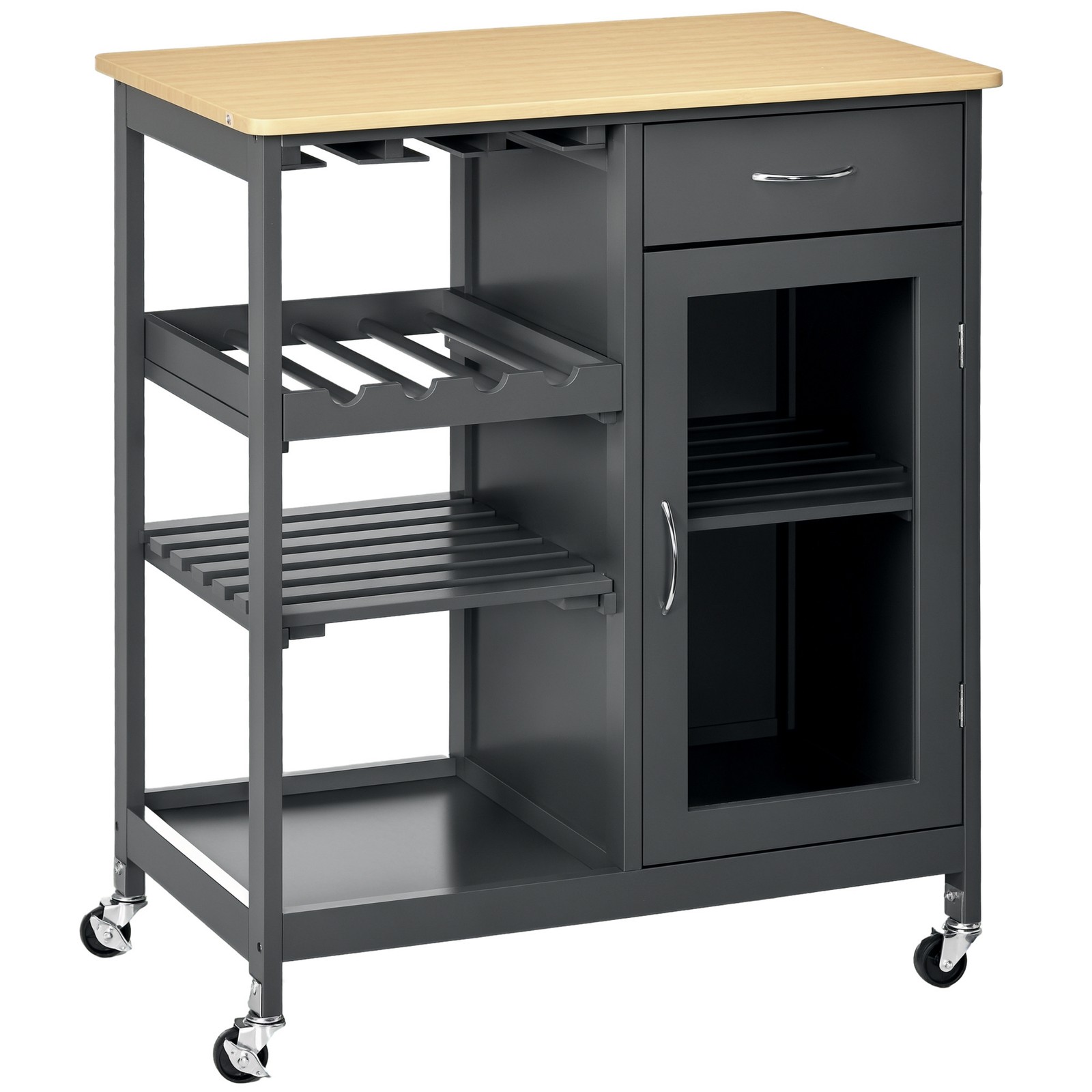 Utility Kitchen Cart Rolling Kitchen Island Storage Trolley w/ Wine Rack - Grey