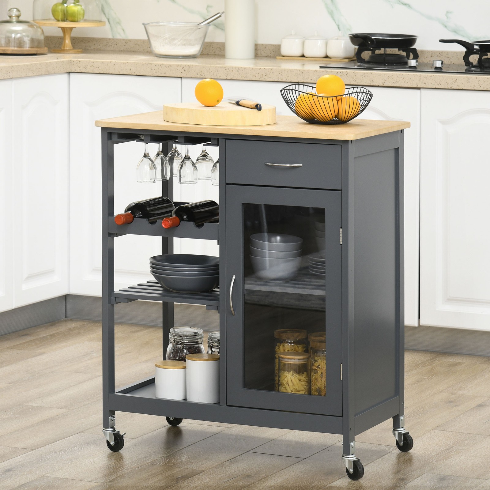 Utility Kitchen Cart Rolling Kitchen Island Storage Trolley w/ Wine Rack - Grey - Image 2