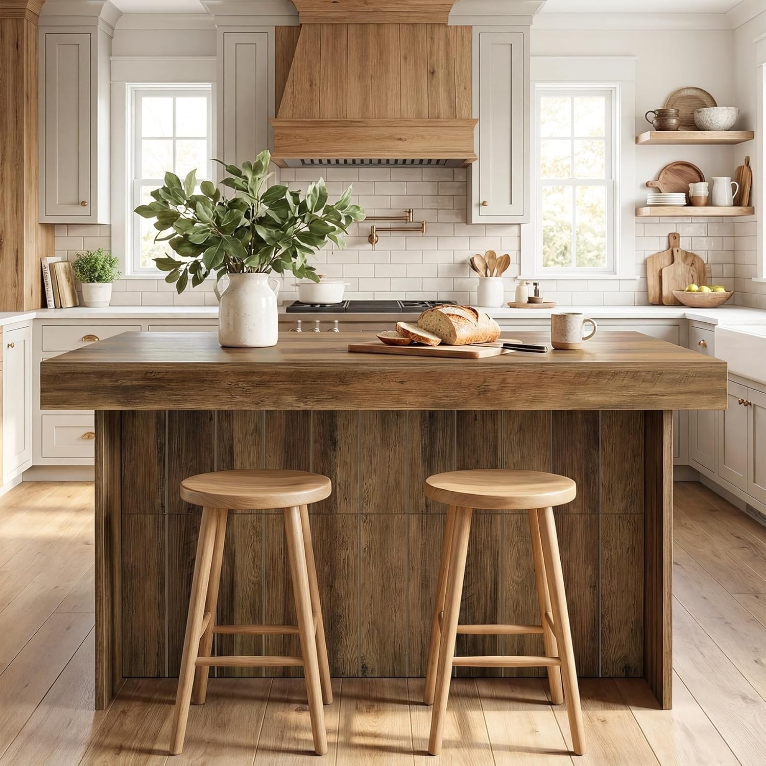 55-Inch Kitchen Island with Storage Shelves Farmhouse Counter Height Bar Table - Image 2