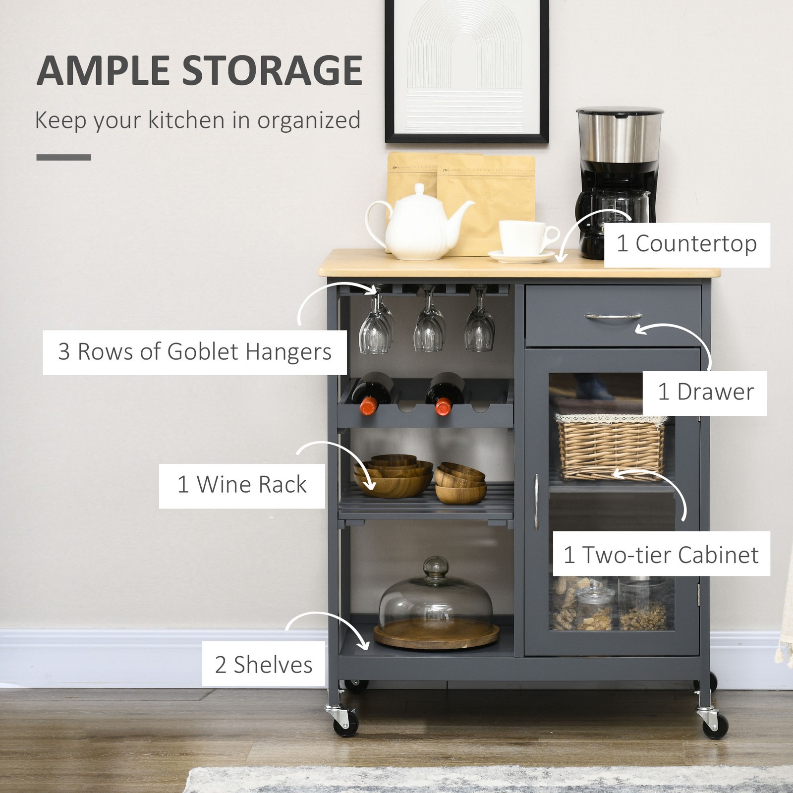 Utility Kitchen Cart Rolling Kitchen Island Storage Trolley w/ Wine Rack - Grey - Image 5