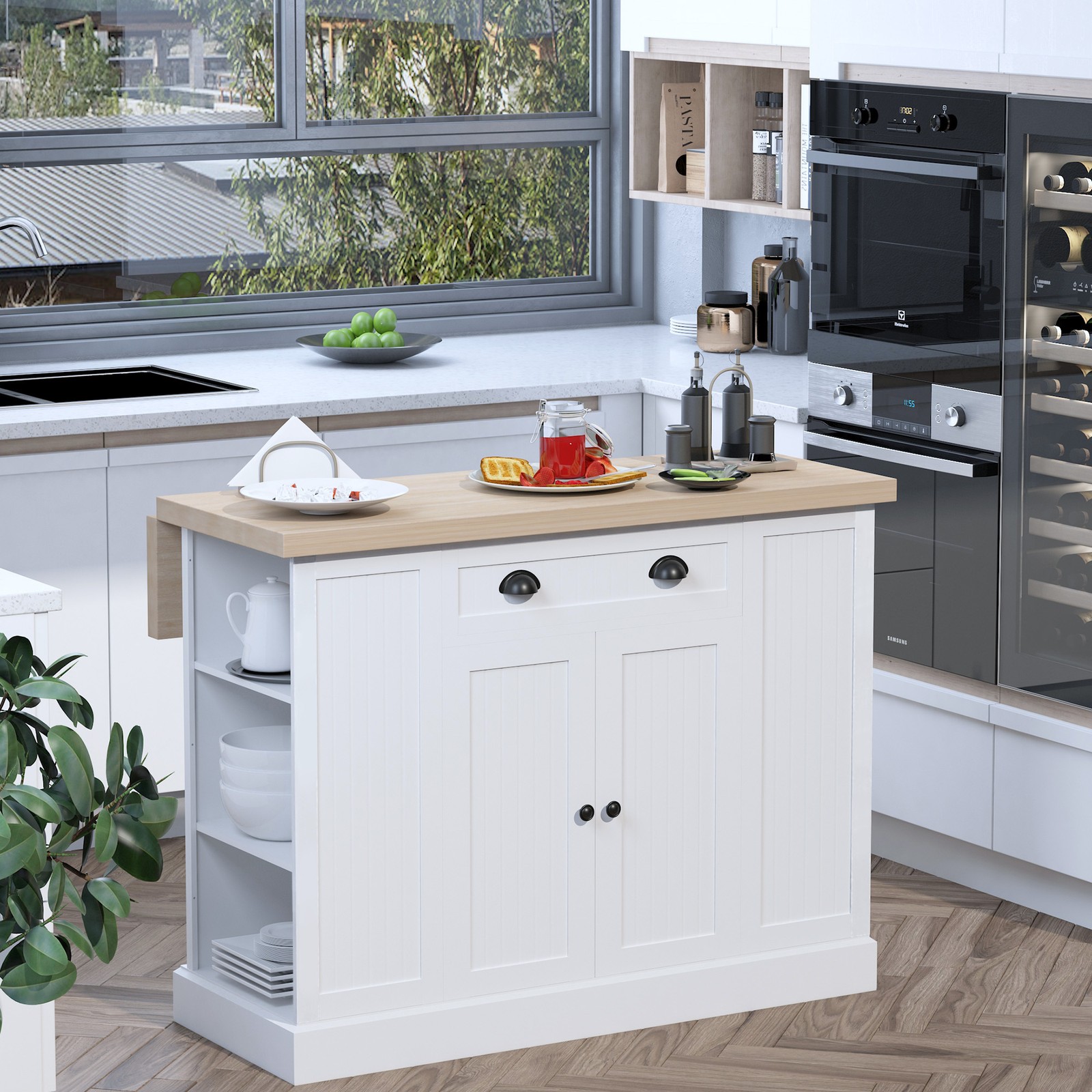47" Farmhouse Style Kitchen Island Storage Cabinet w/ Drop Leaf Table Countertop - Image 2