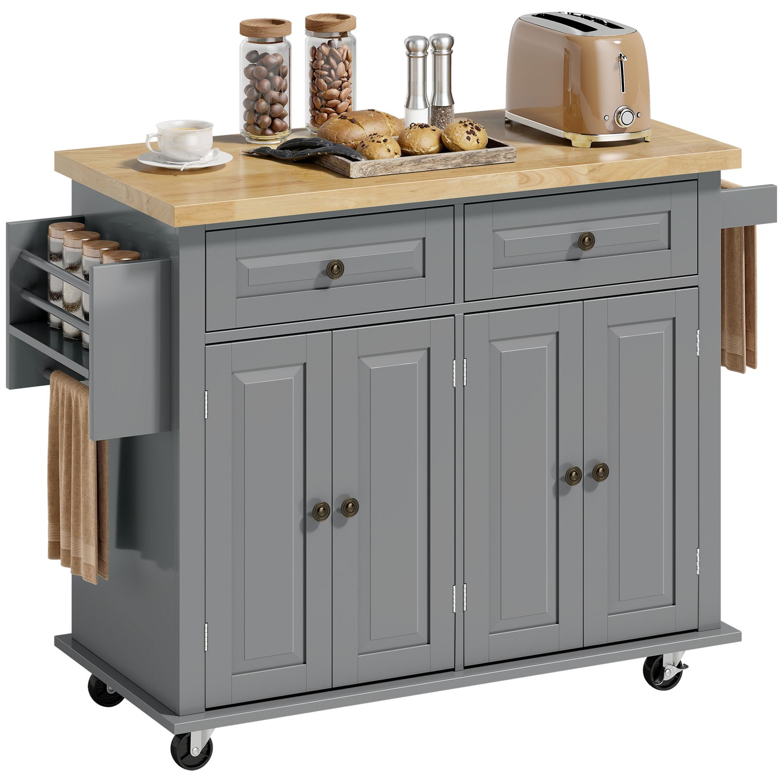 Rolling Kitchen Microwave Island with Flexible Storage Shelf Unit and Drawers