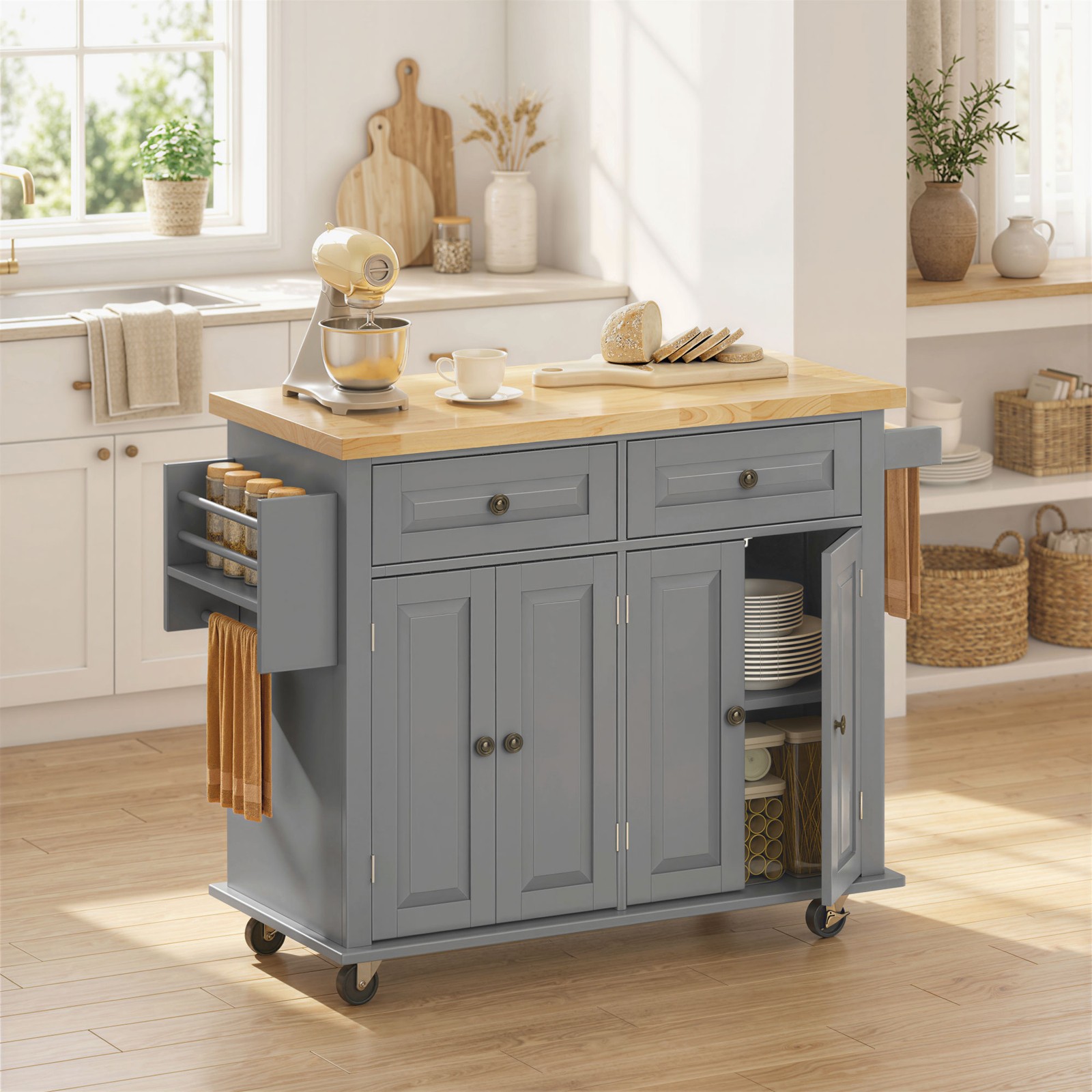 Rolling Kitchen Microwave Island with Flexible Storage Shelf Unit and Drawers - Image 2
