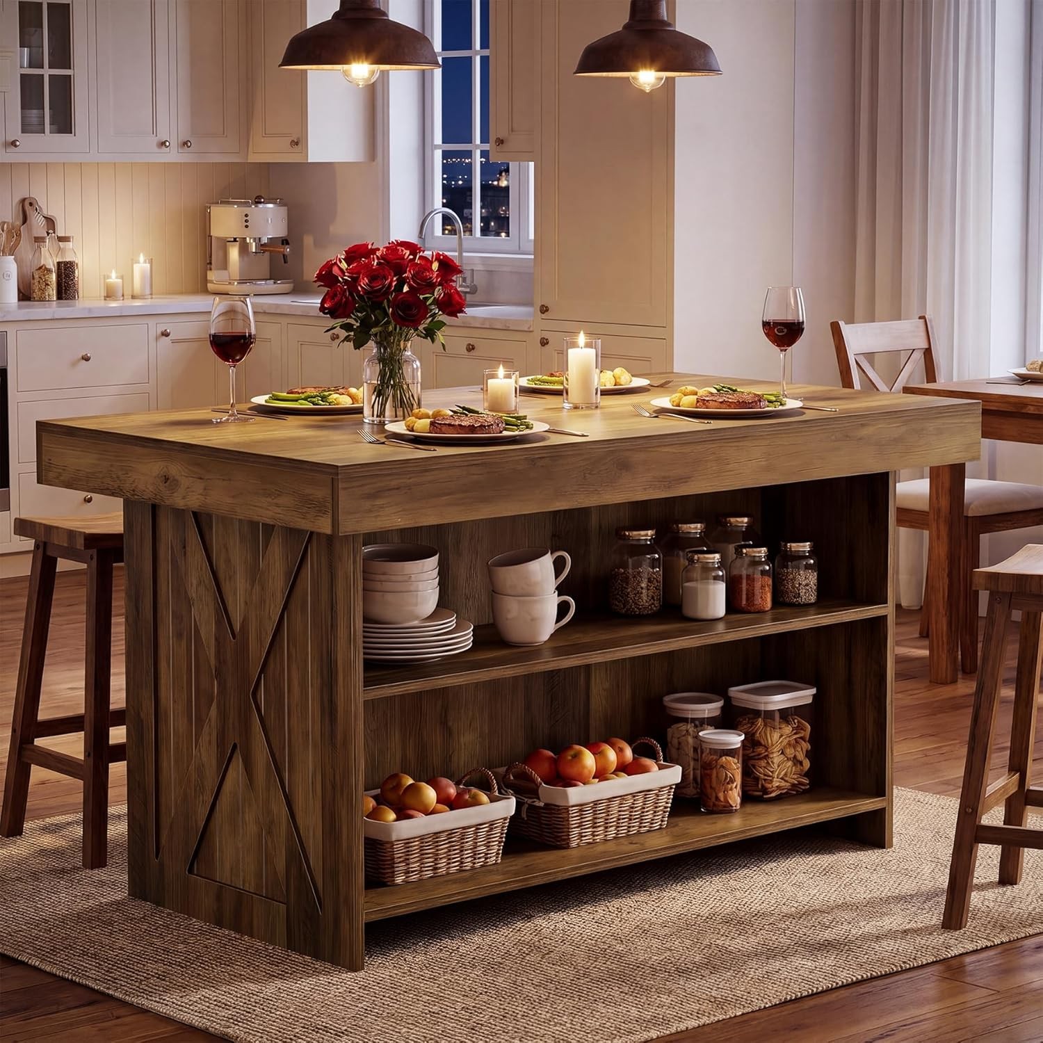55-Inch Kitchen Island with Storage Shelves Farmhouse Counter Height Bar Table - Image 3