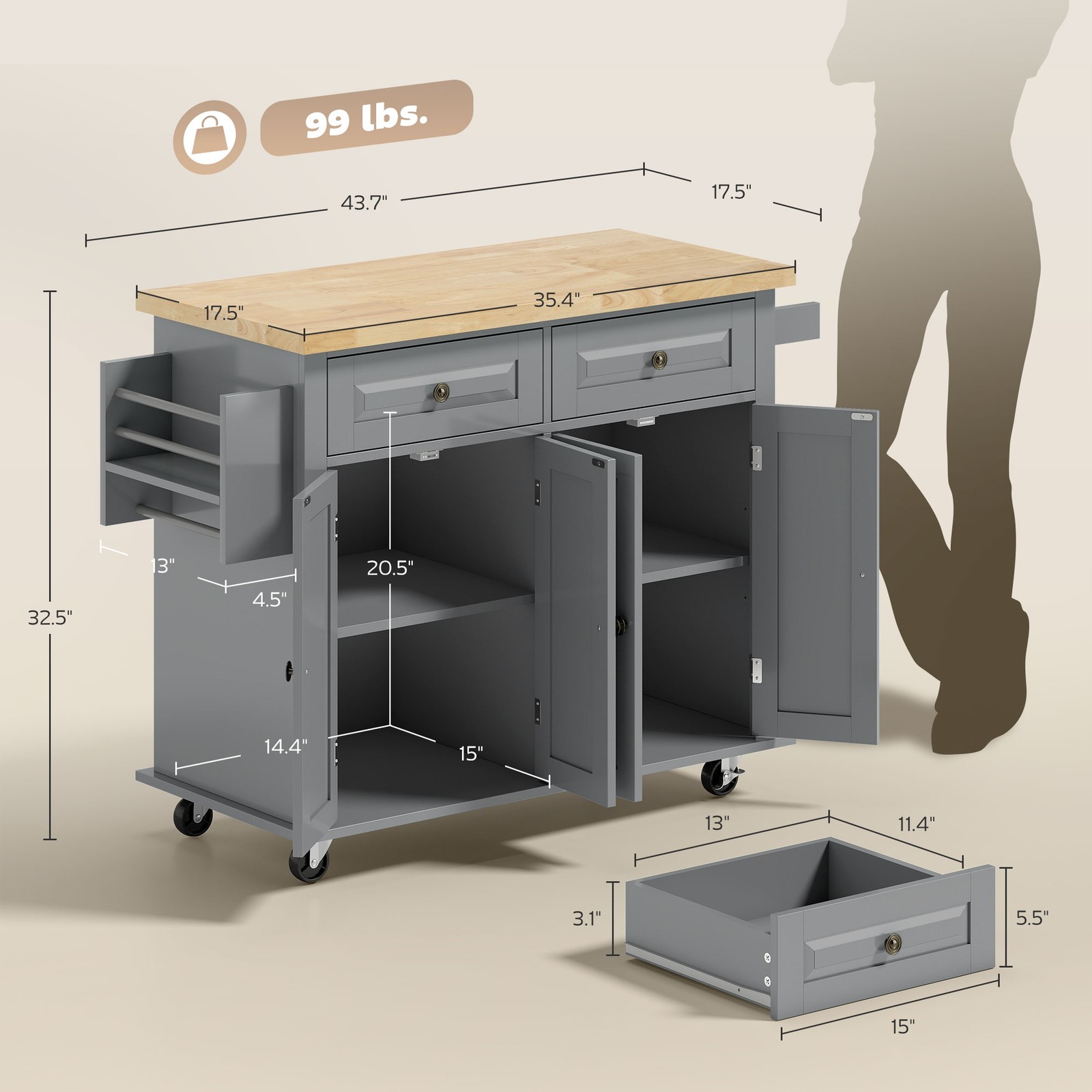 Rolling Kitchen Microwave Island with Flexible Storage Shelf Unit and Drawers - Image 3