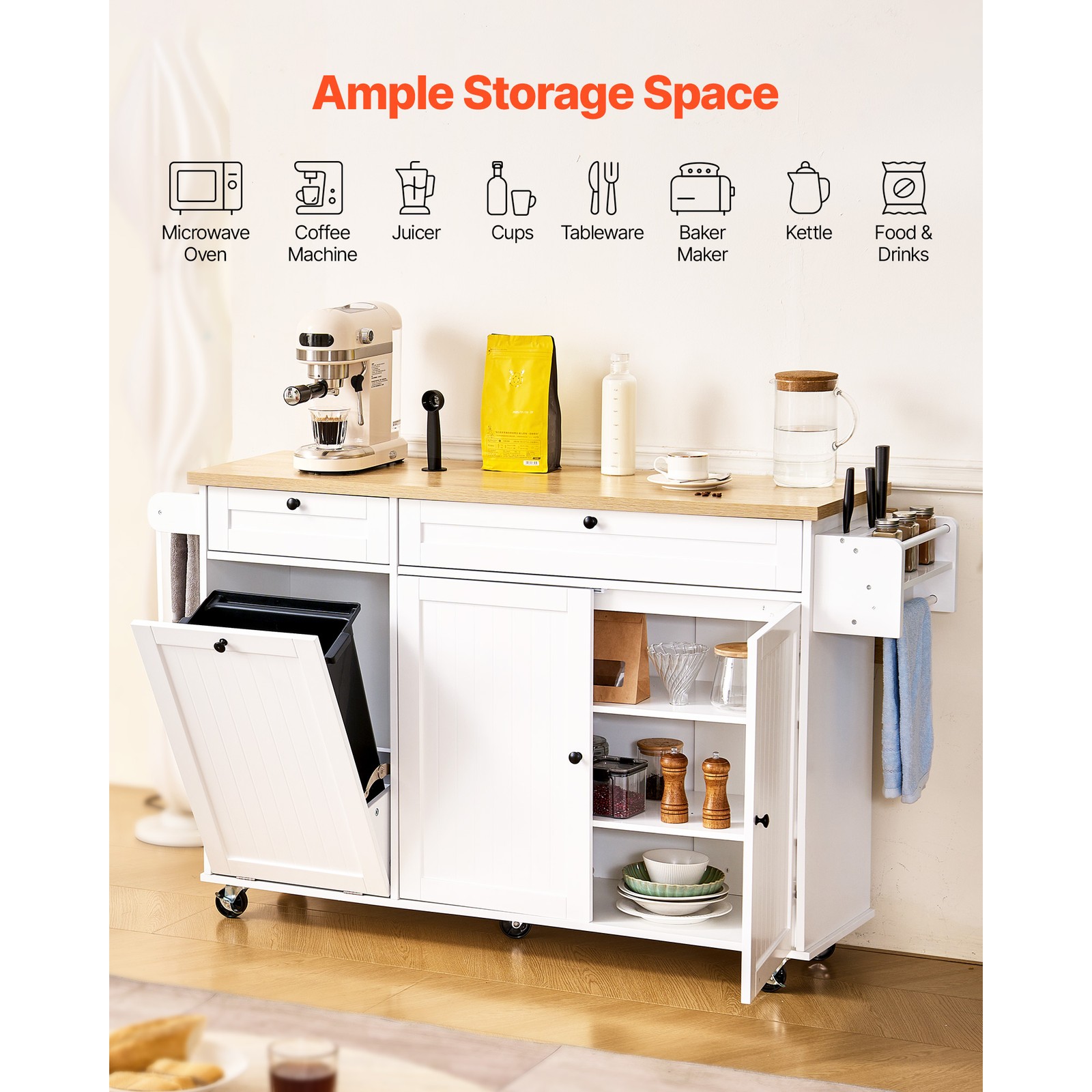 60" Drop Leaf Kitchen Island Cart Rolling Trolley w/ Storage Drawer Rack - Image 2