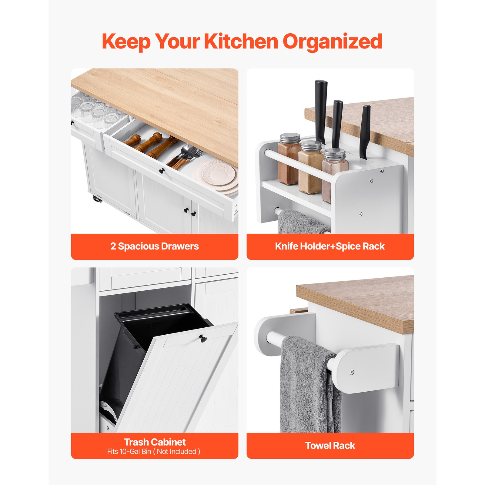 60" Drop Leaf Kitchen Island Cart Rolling Trolley w/ Storage Drawer Rack - Image 3
