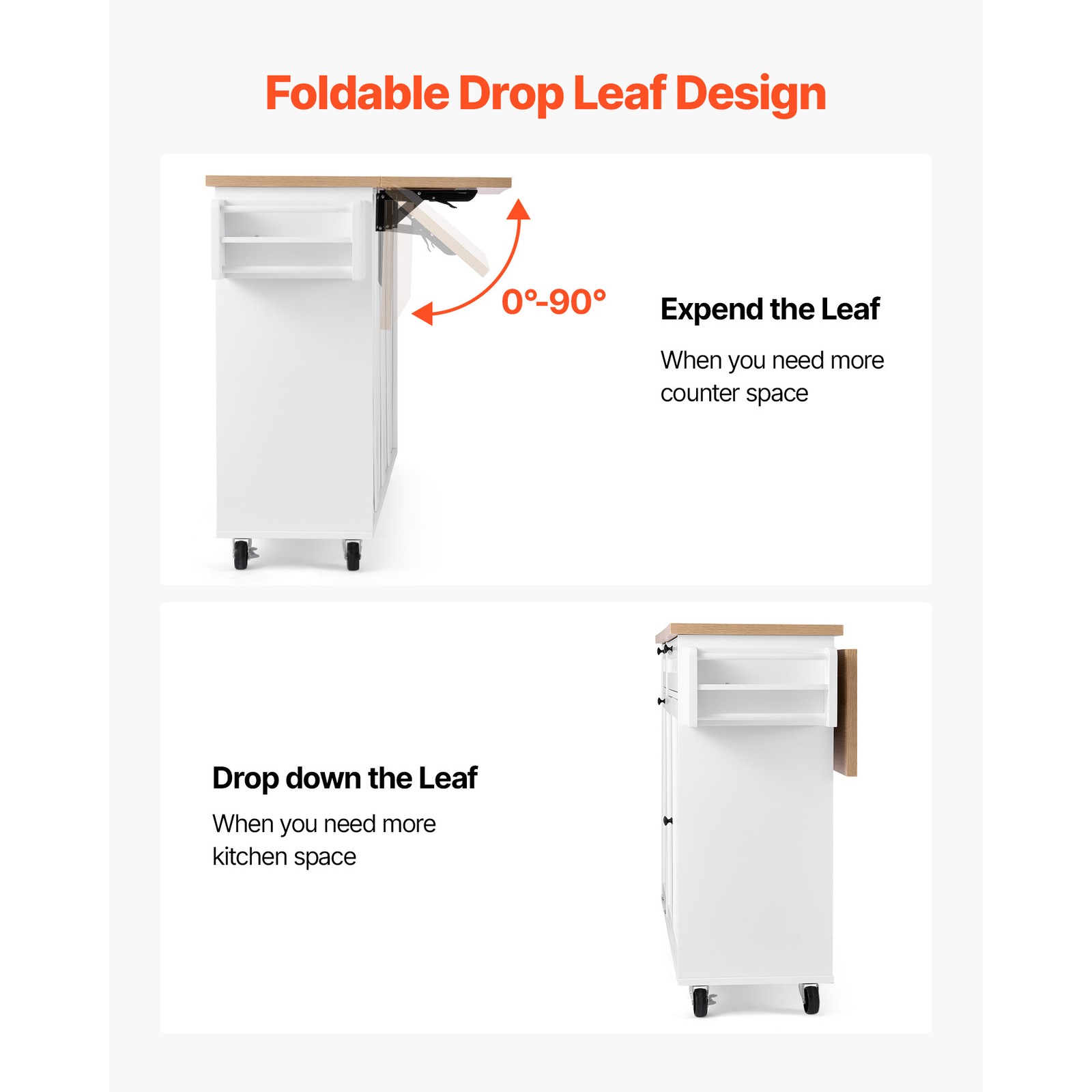 60" Drop Leaf Kitchen Island Cart Rolling Trolley w/ Storage Drawer Rack - Image 4