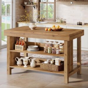 55-Inch Solid Wood Kitchen Island, 3-Tier Farmhouse Counter Height Island Table
