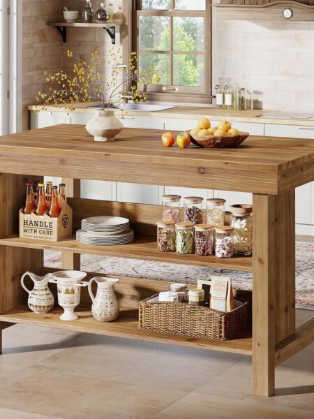 55-Inch Solid Wood Kitchen Island, 3-Tier Farmhouse Counter Height Island Table