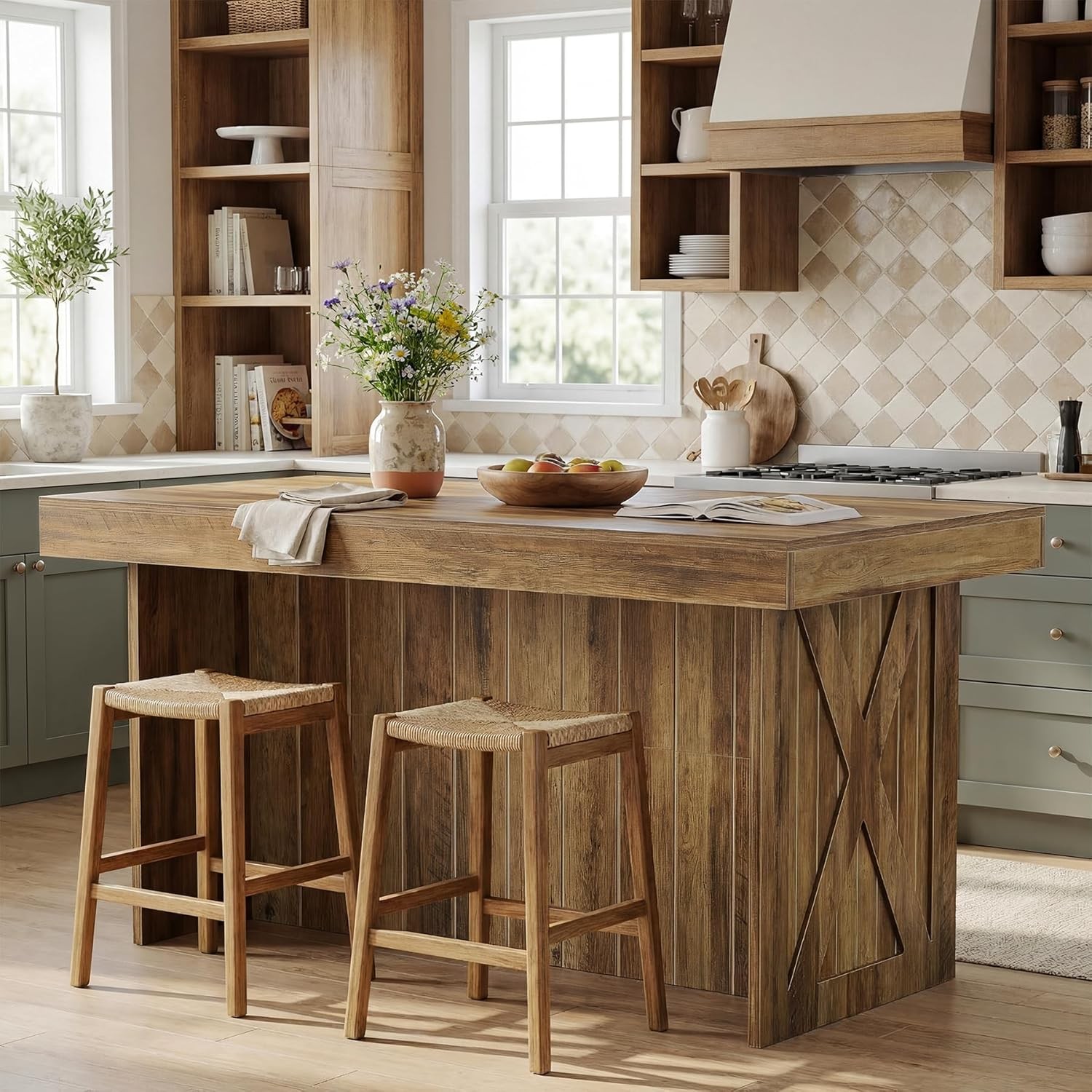 55-Inch Kitchen Island with Storage Shelves Farmhouse Counter Height Bar Table - Image 4