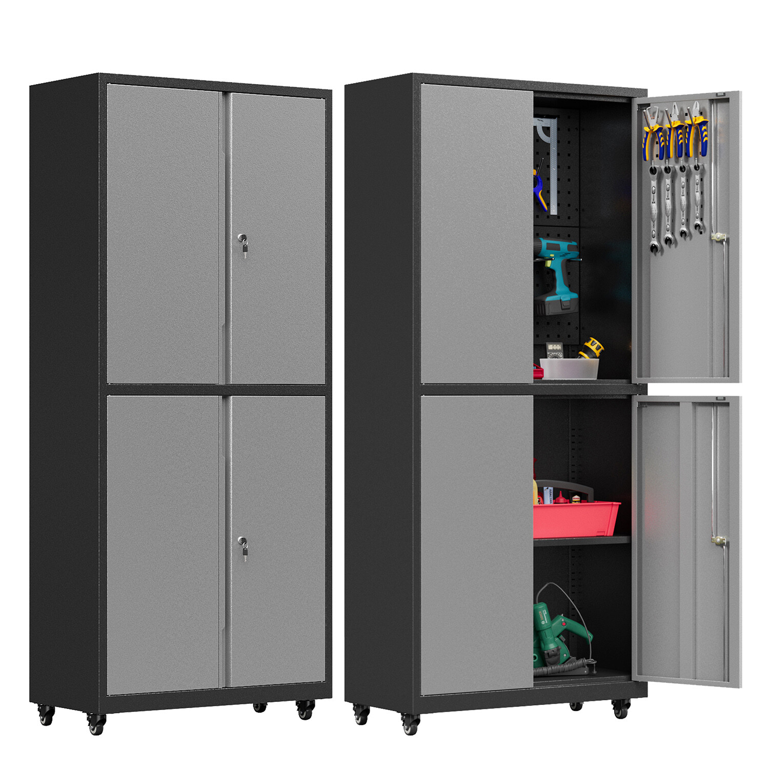 71''H Garage Tool Storage Cabinet, Metal Storage Cabinet with Pegboards & Wheels