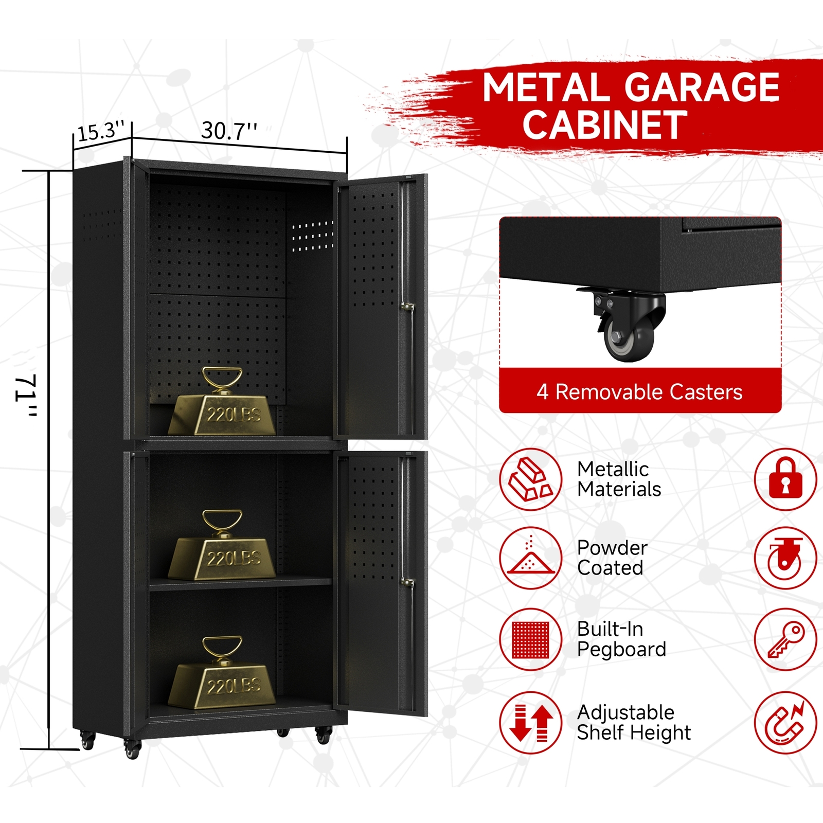 71''H Garage Tool Storage Cabinet, Metal Storage Cabinet with Pegboards & Wheels - Image 3