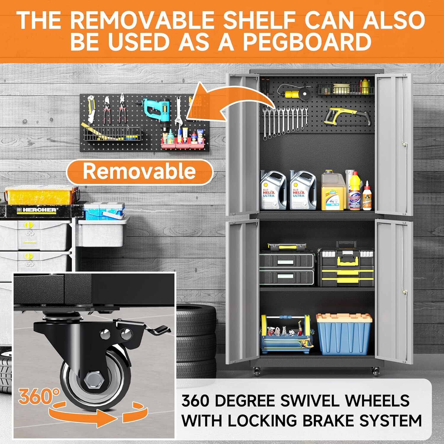 71''H Garage Tool Storage Cabinet, Metal Storage Cabinet with Pegboards & Wheels - Image 4