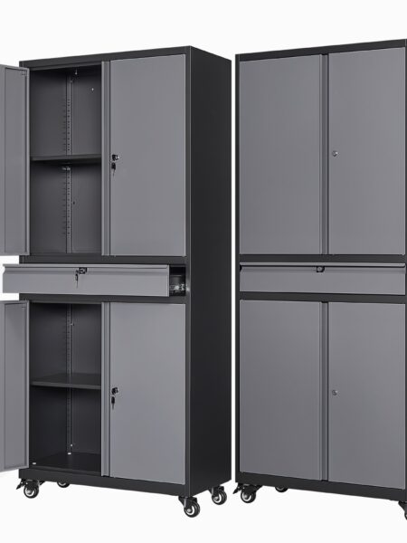 Metal Storage Cabinet with 4 Doors and Drawer,Rolling Garage Cabinet on Wheels
